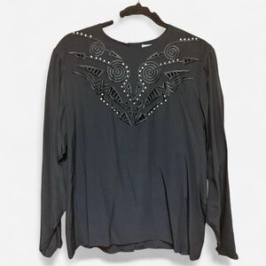 Vintage Adrianna Papell Silk Black Blouse with Geometric Cut Outs